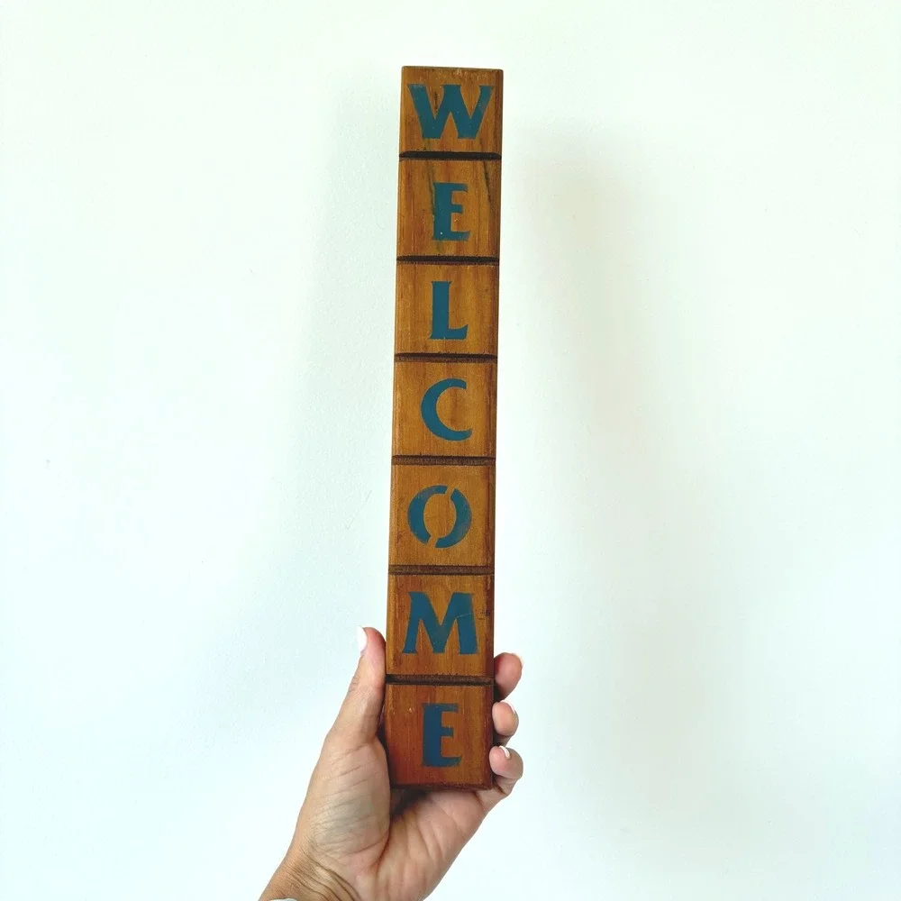 Vintage Vertical Wood Welcome Sign Blue Stenciled Rustic Farmhouse Wall Decor